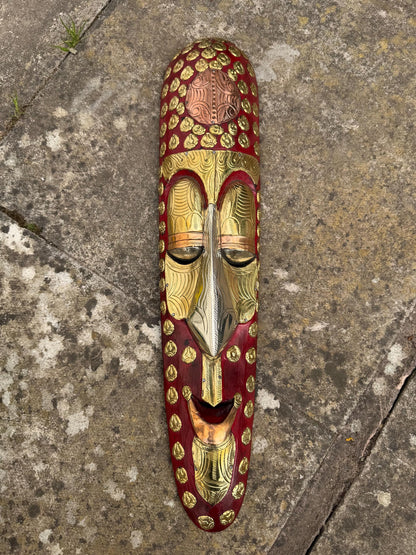 Handcrafted Brass and Wood Tribal Mask – African Art Wall Hanging