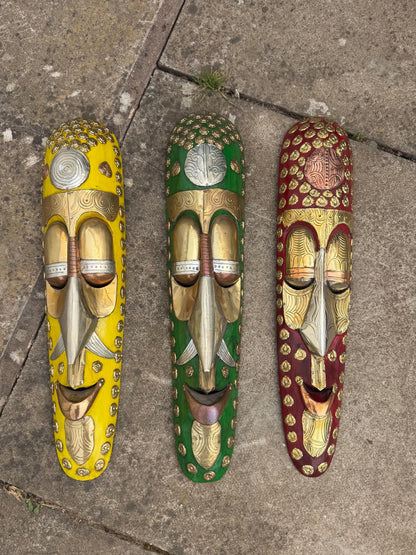 Handcrafted Brass and Wood Tribal Mask – African Art Wall Hanging
