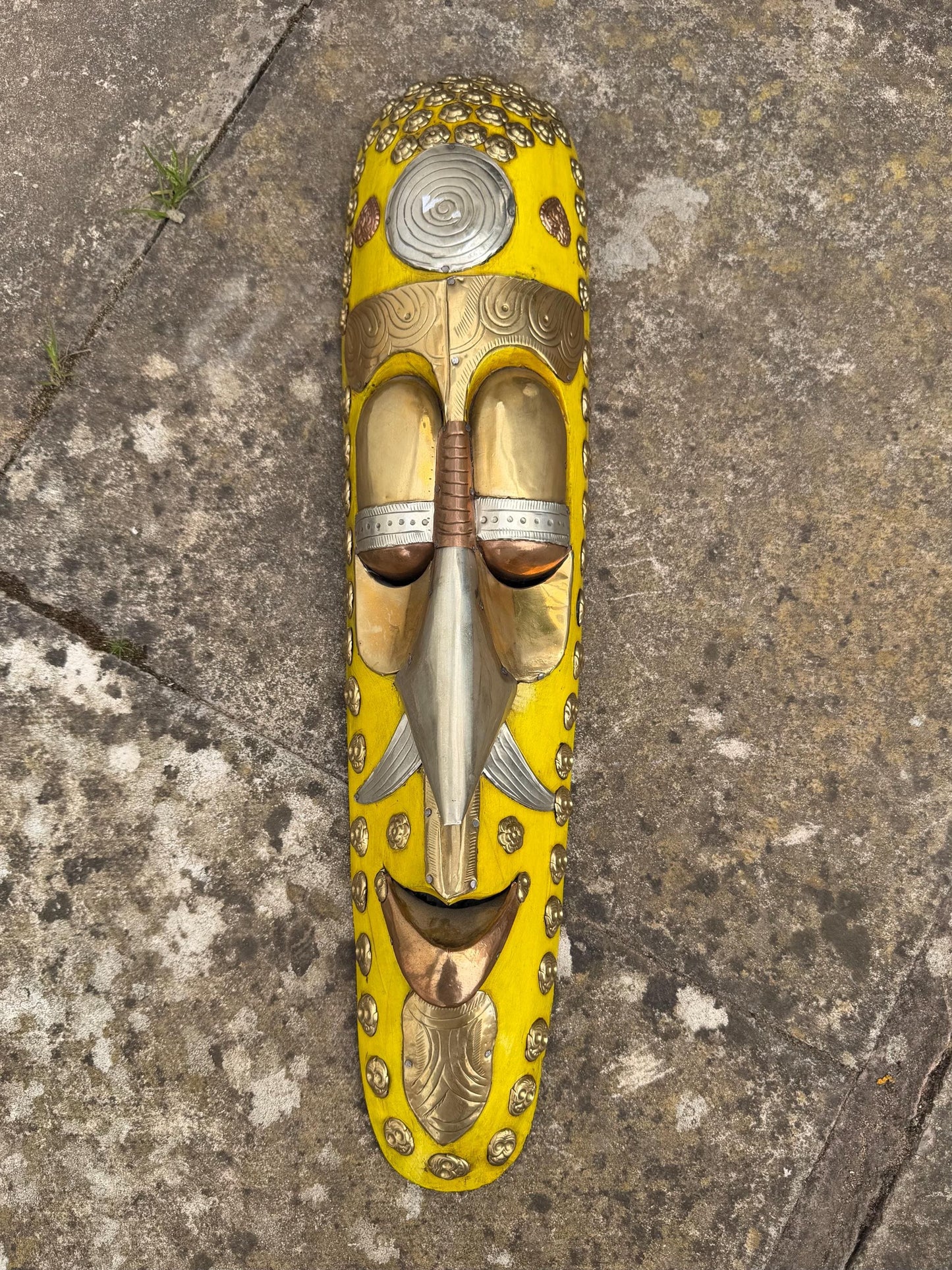 Handcrafted Brass and Wood Tribal Mask – African Art Wall Hanging