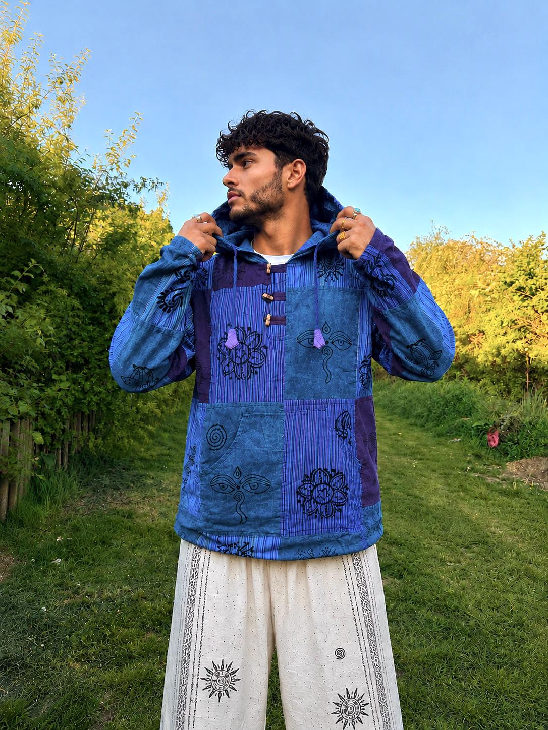 Blockprint Cotton Hoodie Shirt: Stonewash Nepali Patchwork, Eco Friendly