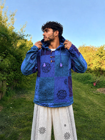 Blockprint Cotton Hoodie Shirt: Stonewash Nepali Patchwork, Eco Friendly