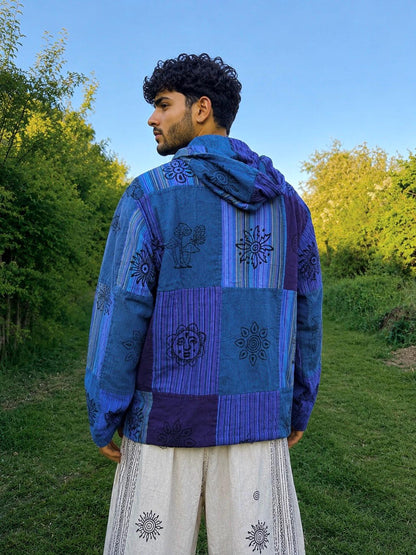 Blockprint Cotton Hoodie Shirt: Stonewash Nepali Patchwork, Eco Friendly