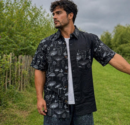 Handmade Mushroom Print Cotton Shirt: Hippie Unisex Button-Up, Coconut Buttons