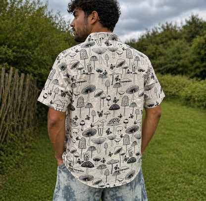 Handmade Mushroom Print Cotton Shirt: Hippie Unisex Button-Up, Coconut Buttons