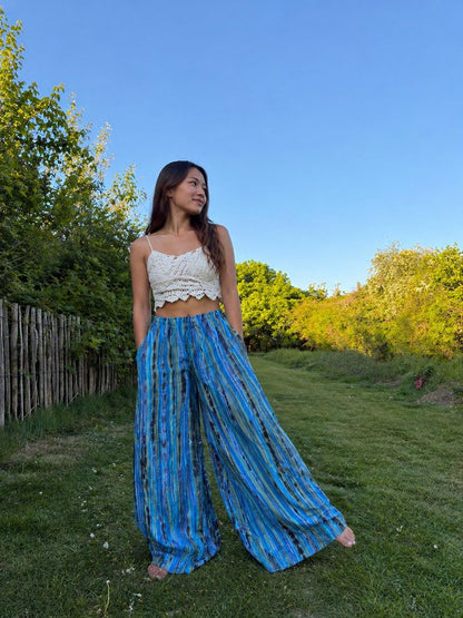 Boho Wide Leg Pants Women: Handmade Flowy Tie Dye Palazzo Trousers, Summer Beach Wear
