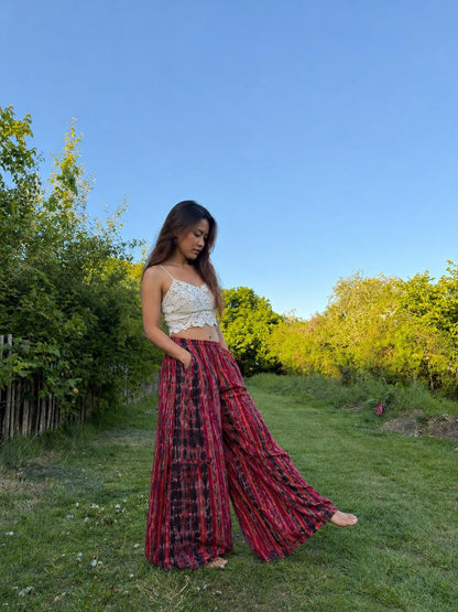 Boho Wide Leg Pants Women: Handmade Flowy Tie Dye Palazzo Trousers, Summer Beach Wear