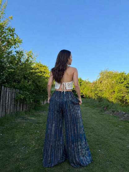 Boho Wide Leg Pants Women: Handmade Flowy Tie Dye Palazzo Trousers, Summer Beach Wear