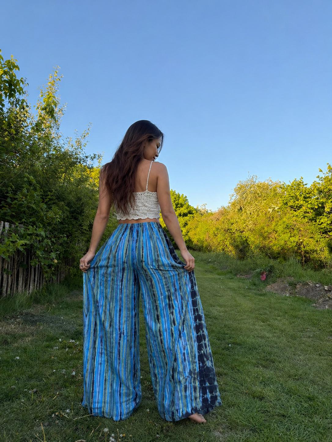 Boho Wide Leg Pants Women: Handmade Flowy Tie Dye Palazzo Trousers, Summer Beach Wear