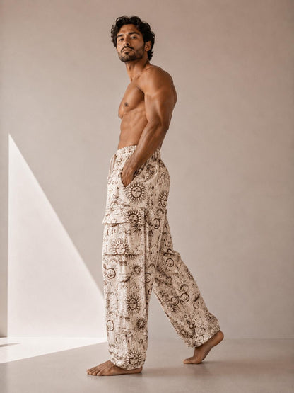 Unisex Celestial Print Cotton Cargo Pants | Boho Sun Moon Lounge Trousers