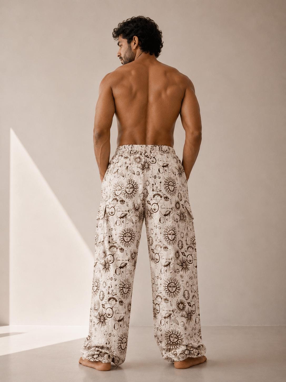Unisex Celestial Print Cotton Cargo Pants | Boho Sun Moon Lounge Trousers