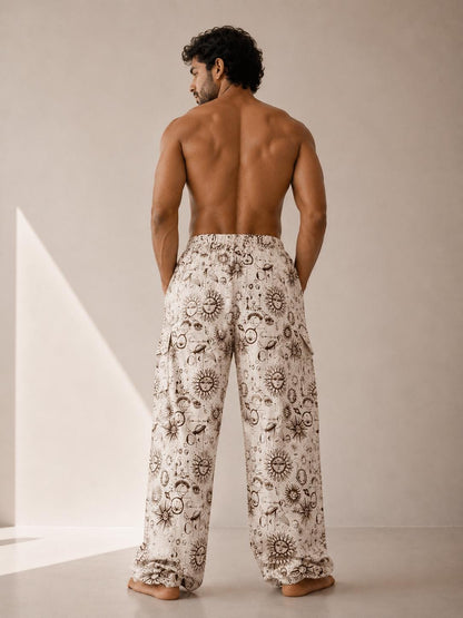 Unisex Celestial Print Cotton Cargo Pants | Boho Sun Moon Lounge Trousers