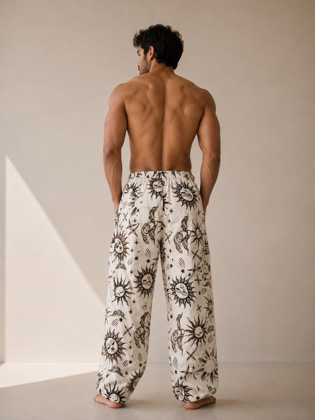 Unisex Celestial Print Cotton Cargo Pants | Boho Sun Moon Lounge Trousers