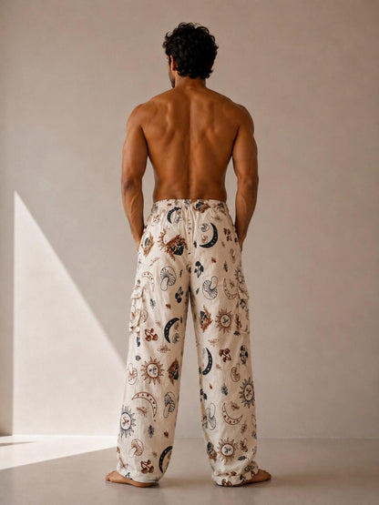Unisex Celestial Print Cotton Cargo Pants | Boho Sun Moon Lounge Trousers