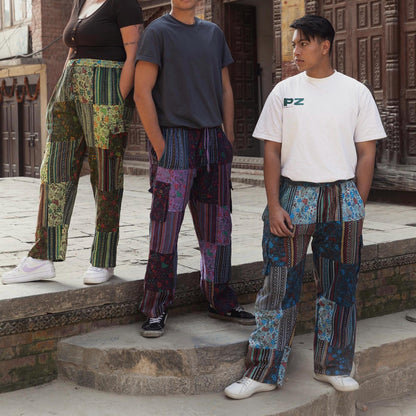 Patchwork Cotton Pants: Unisex Mushroom Print Festival Trousers