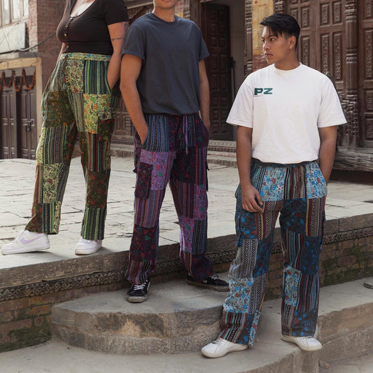 Patchwork Cotton Pants: Unisex Mushroom Print Festival Trousers