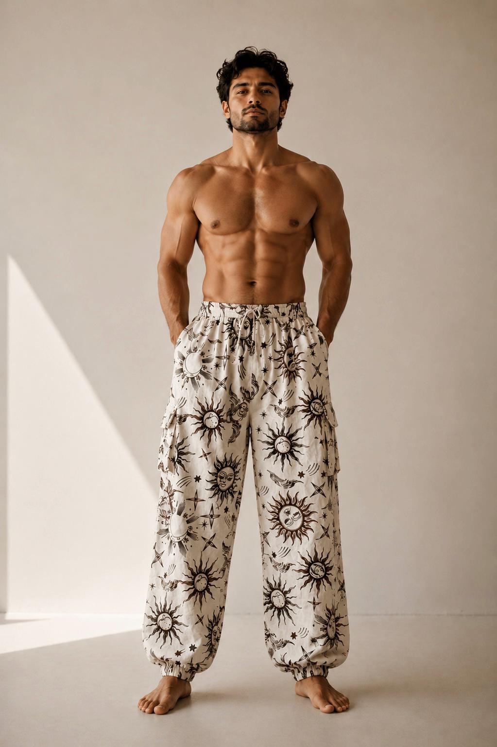 Unisex Celestial Print Cotton Cargo Pants | Boho Sun Moon Lounge Trousers