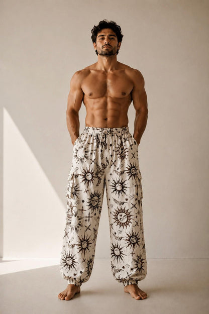 Unisex Celestial Print Cotton Cargo Pants | Boho Sun Moon Lounge Trousers