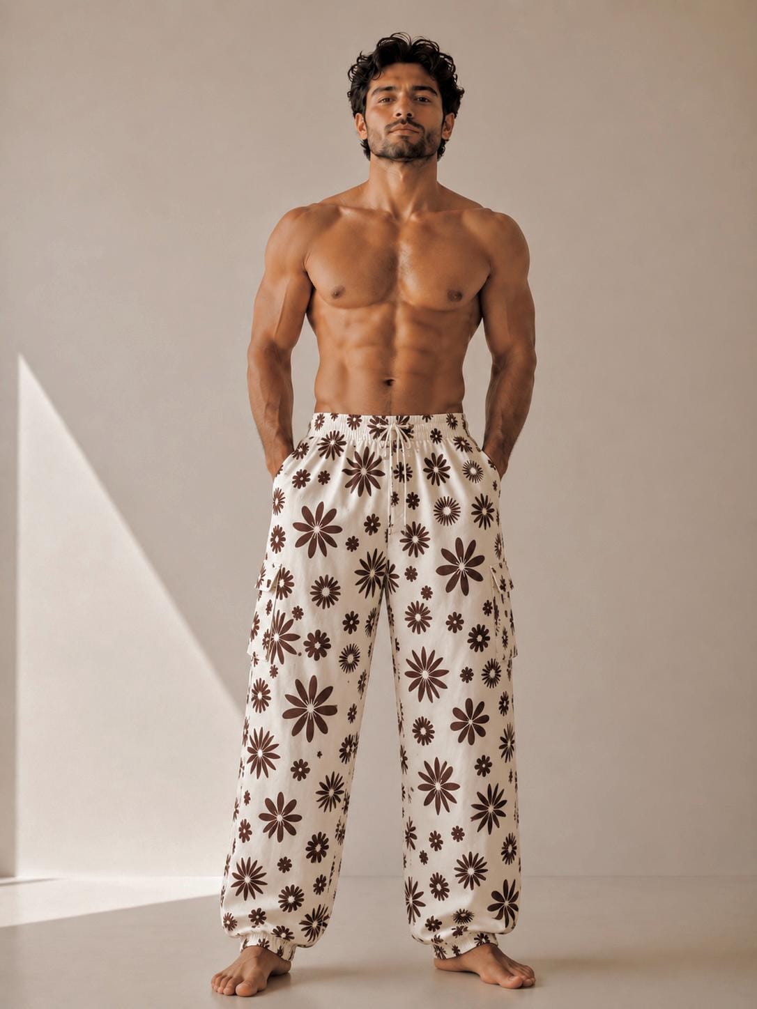 Unisex Celestial Print Cotton Cargo Pants | Boho Sun Moon Lounge Trousers