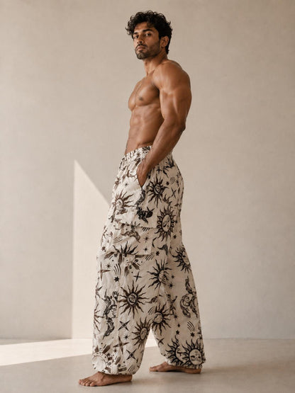 Unisex Celestial Print Cotton Cargo Pants | Boho Sun Moon Lounge Trousers
