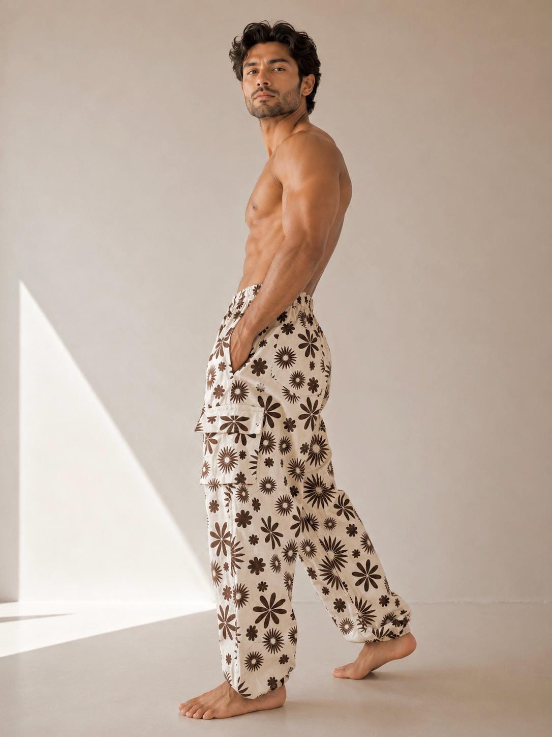 Unisex Celestial Print Cotton Cargo Pants | Boho Sun Moon Lounge Trousers