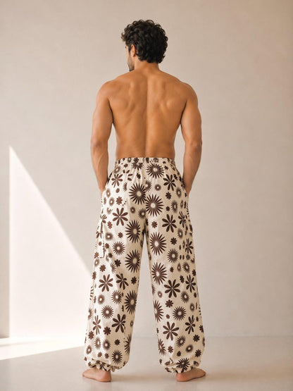 Unisex Celestial Print Cotton Cargo Pants | Boho Sun Moon Lounge Trousers