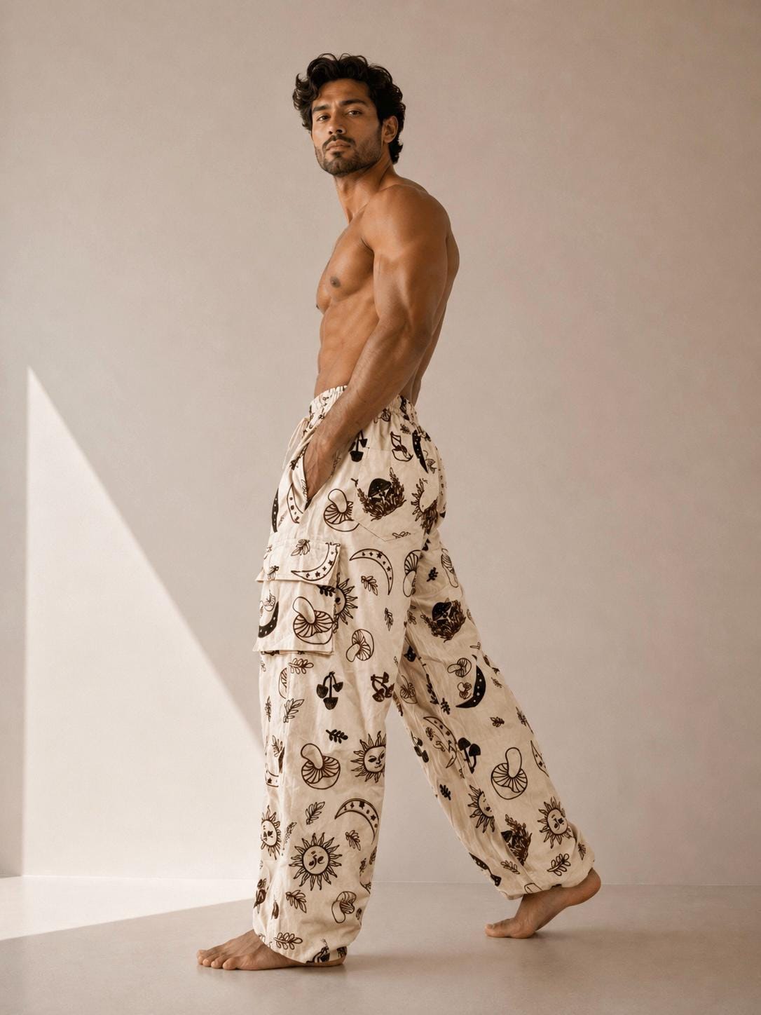 Unisex Celestial Print Cotton Cargo Pants | Boho Sun Moon Lounge Trousers