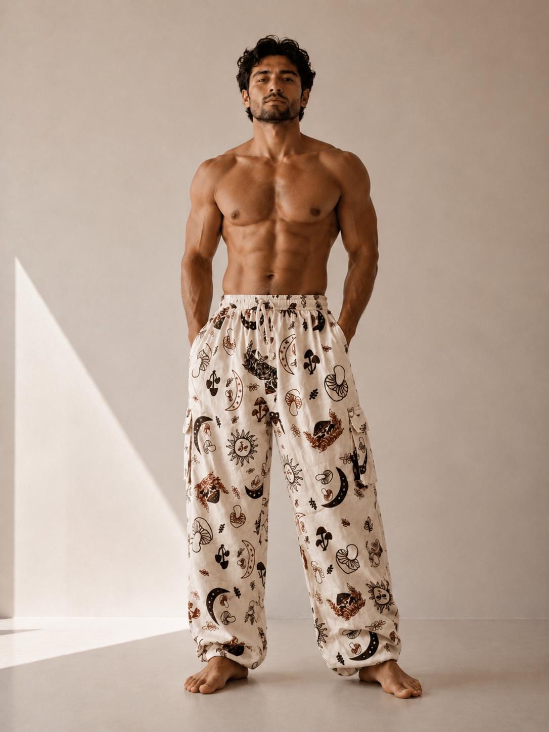 Unisex Celestial Print Cotton Cargo Pants | Boho Sun Moon Lounge Trousers