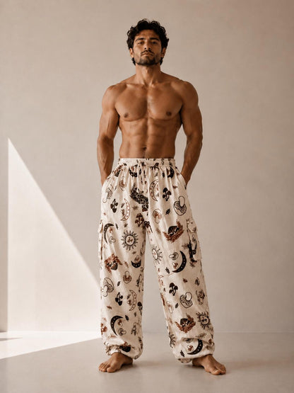 Unisex Celestial Print Cotton Cargo Pants | Boho Sun Moon Lounge Trousers