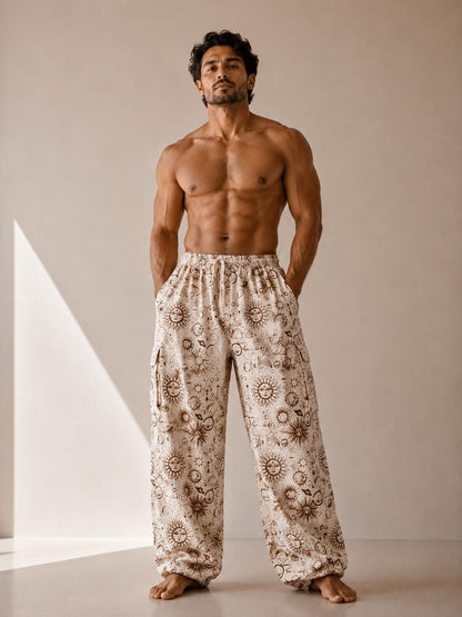 Unisex Celestial Print Cotton Cargo Pants | Boho Sun Moon Lounge Trousers