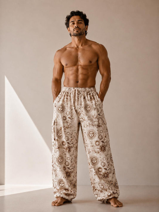 Unisex Celestial Print Cotton Cargo Pants | Boho Sun Moon Lounge Trousers