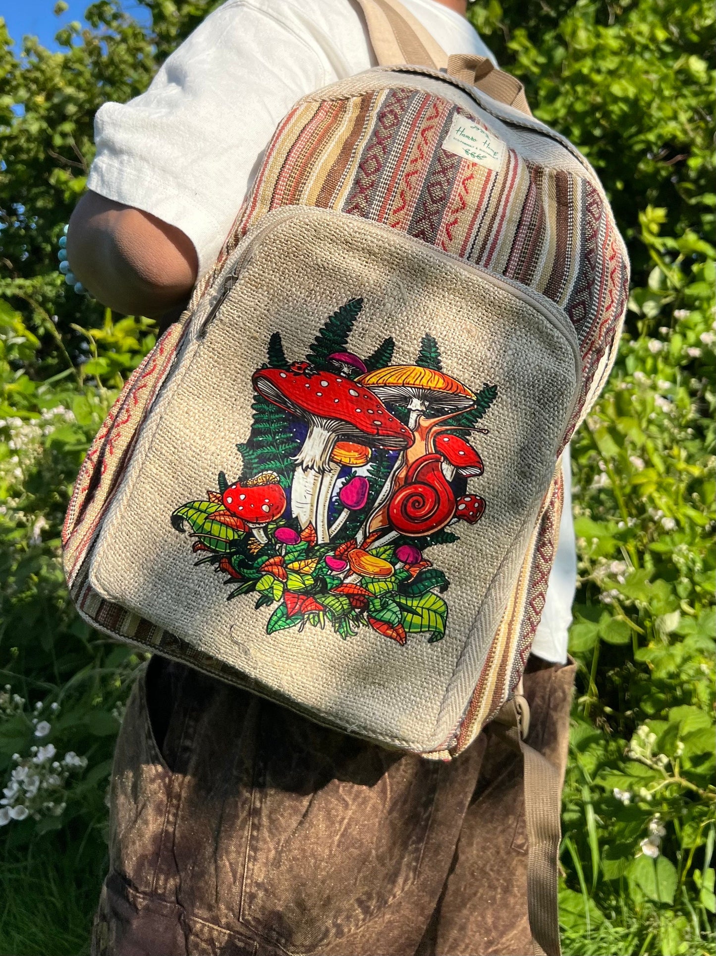 Handmade Mushroom Print Backpack: Hemp & Cotton Boho Rucksack