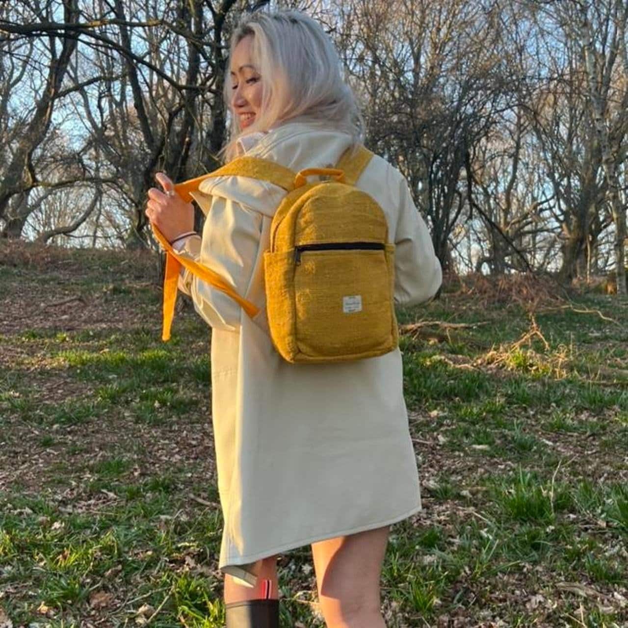 Handmade Mini Hemp Backpack: Eco-Friendly Yellow Bag