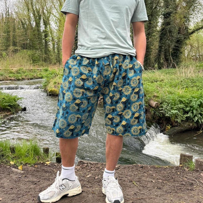 Mushroom Print Cotton Shorts: Handmade Hippie Festival Boho Pants