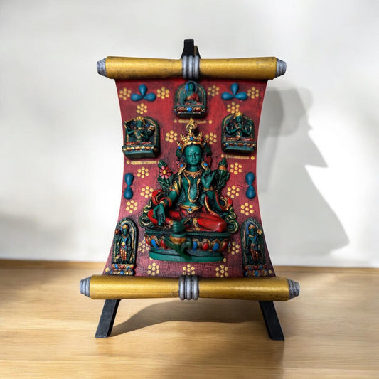 Green Tara Sculpture: Handmade Resin & Wood Buddhist Altar Decor