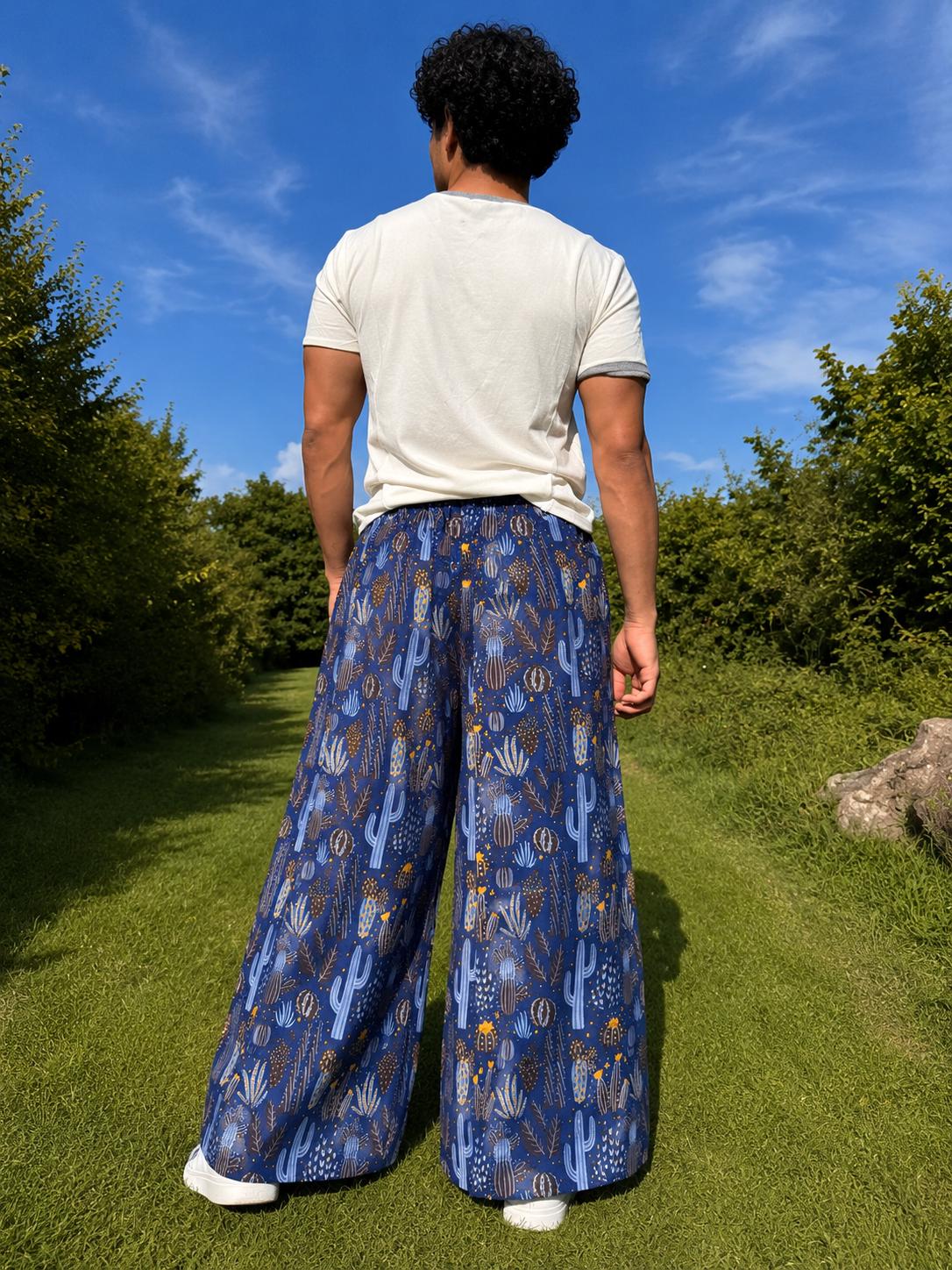 Cactus Print Wide Leg Palazzo Pants | Boho Festival Trousers | Unisex Cotton Flowy Summer Pants