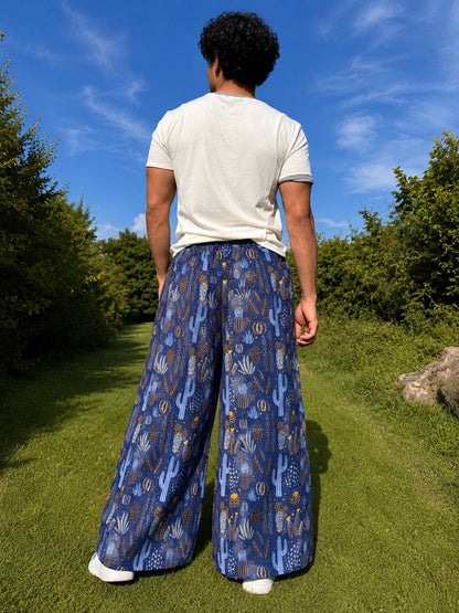 Cactus Print Wide Leg Palazzo Pants | Boho Festival Trousers | Unisex Cotton Flowy Summer Pants
