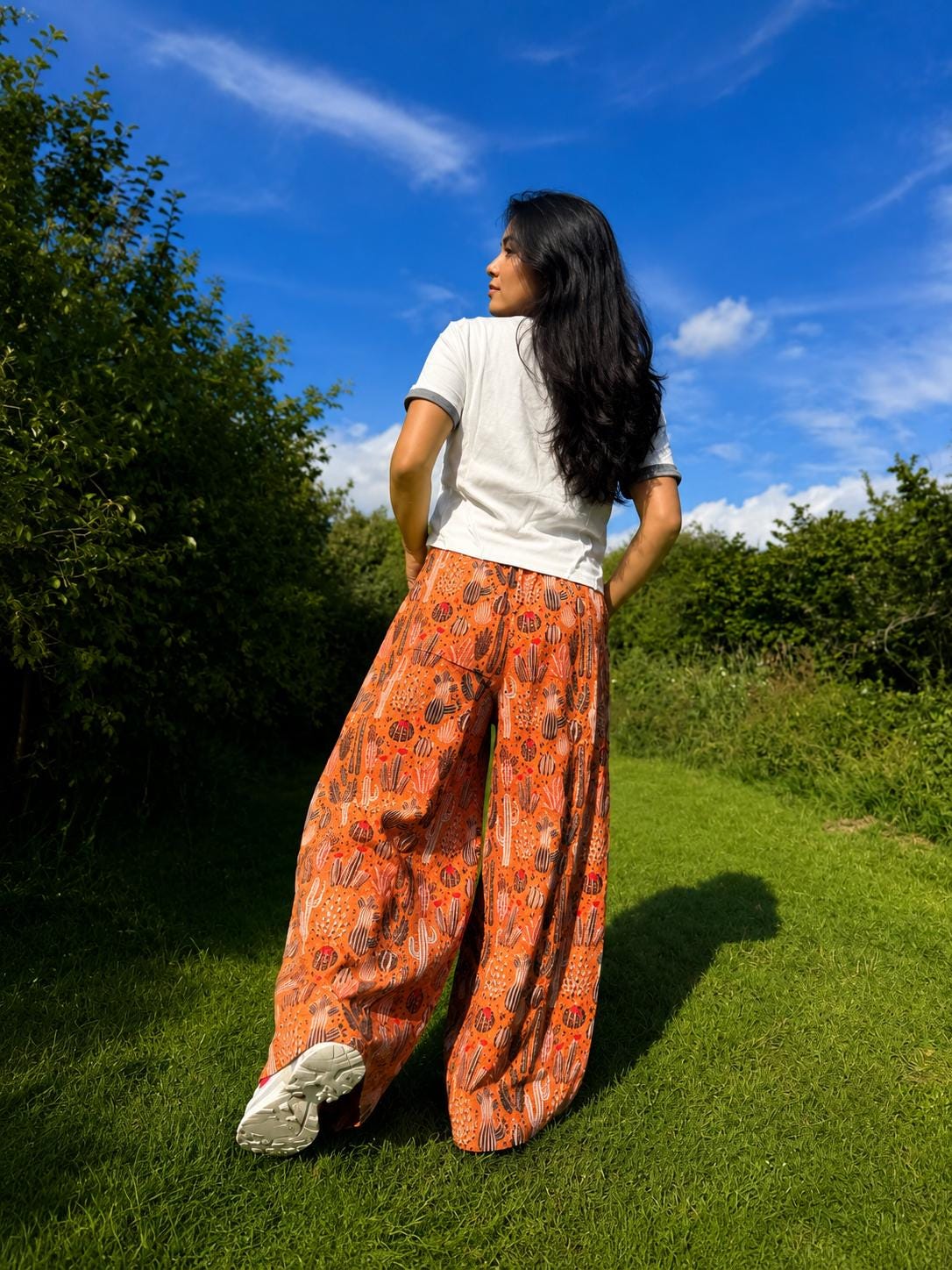 Cactus Print Wide Leg Palazzo Pants | Boho Festival Trousers | Unisex Cotton Flowy Summer Pants