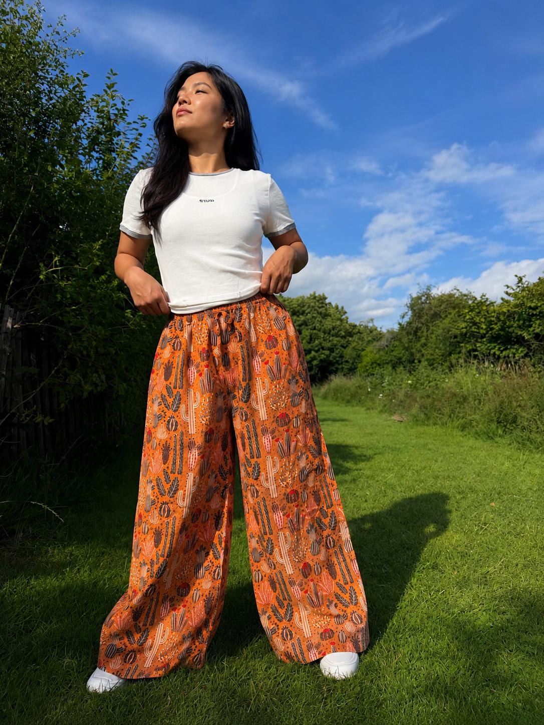 Cactus Print Wide Leg Palazzo Pants | Boho Festival Trousers | Unisex Cotton Flowy Summer Pants