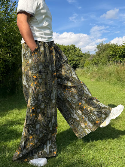 Cactus Print Wide Leg Palazzo Pants | Boho Festival Trousers | Unisex Cotton Flowy Summer Pants