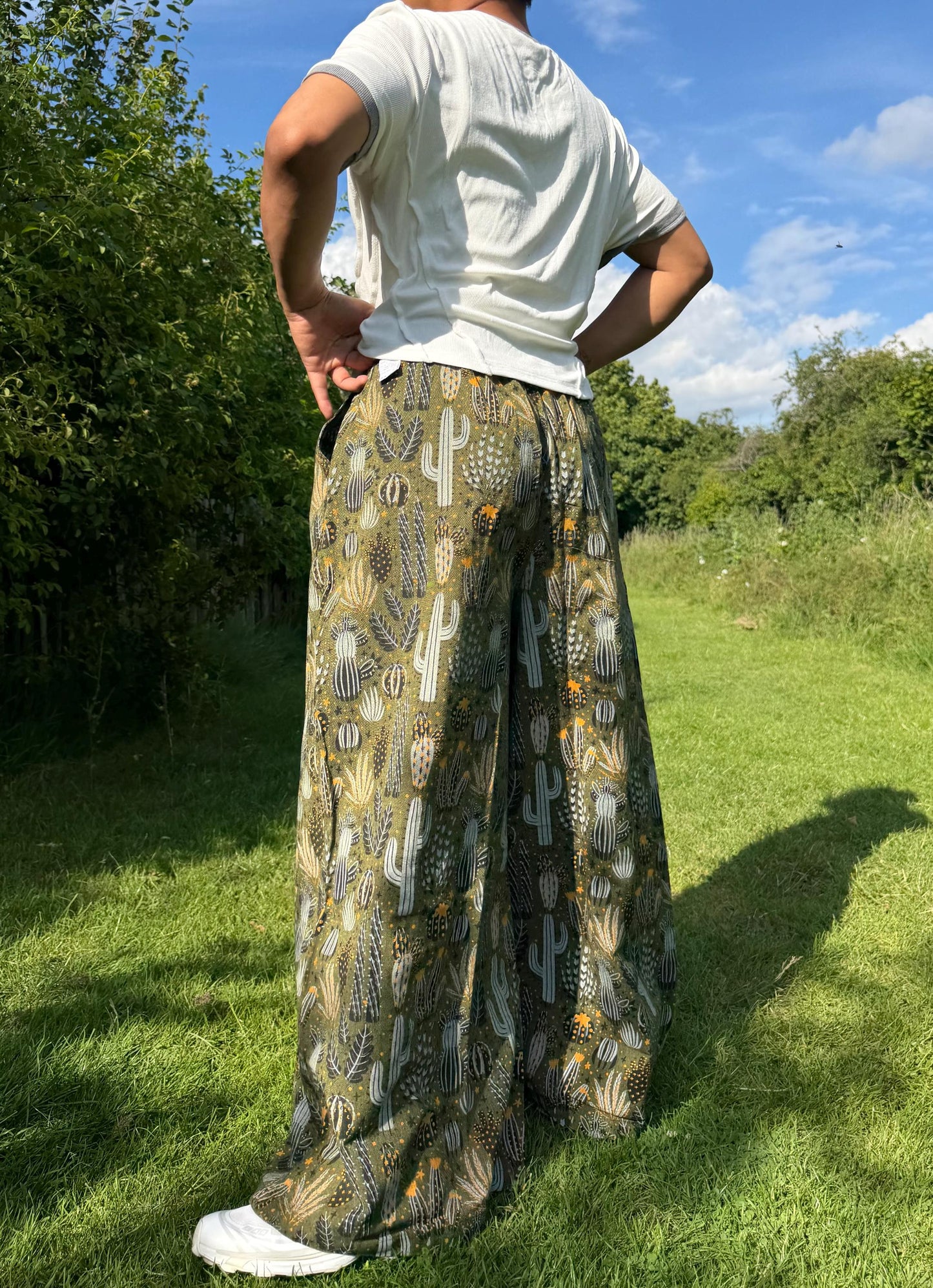 Cactus Print Wide Leg Palazzo Pants | Boho Festival Trousers | Unisex Cotton Flowy Summer Pants