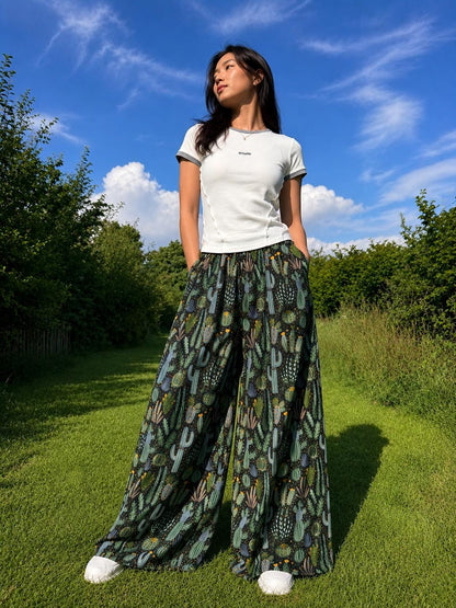 Cactus Print Wide Leg Palazzo Pants | Boho Festival Trousers | Unisex Cotton Flowy Summer Pants