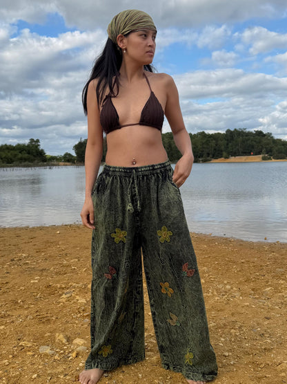 Embroidered Wide Leg Trousers | Stonewash Cotton Palazzo Pants, Boho Festival Style