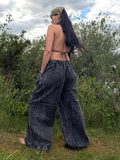 Embroidered Wide Leg Trousers | Stonewash Cotton Palazzo Pants, Boho Festival Style