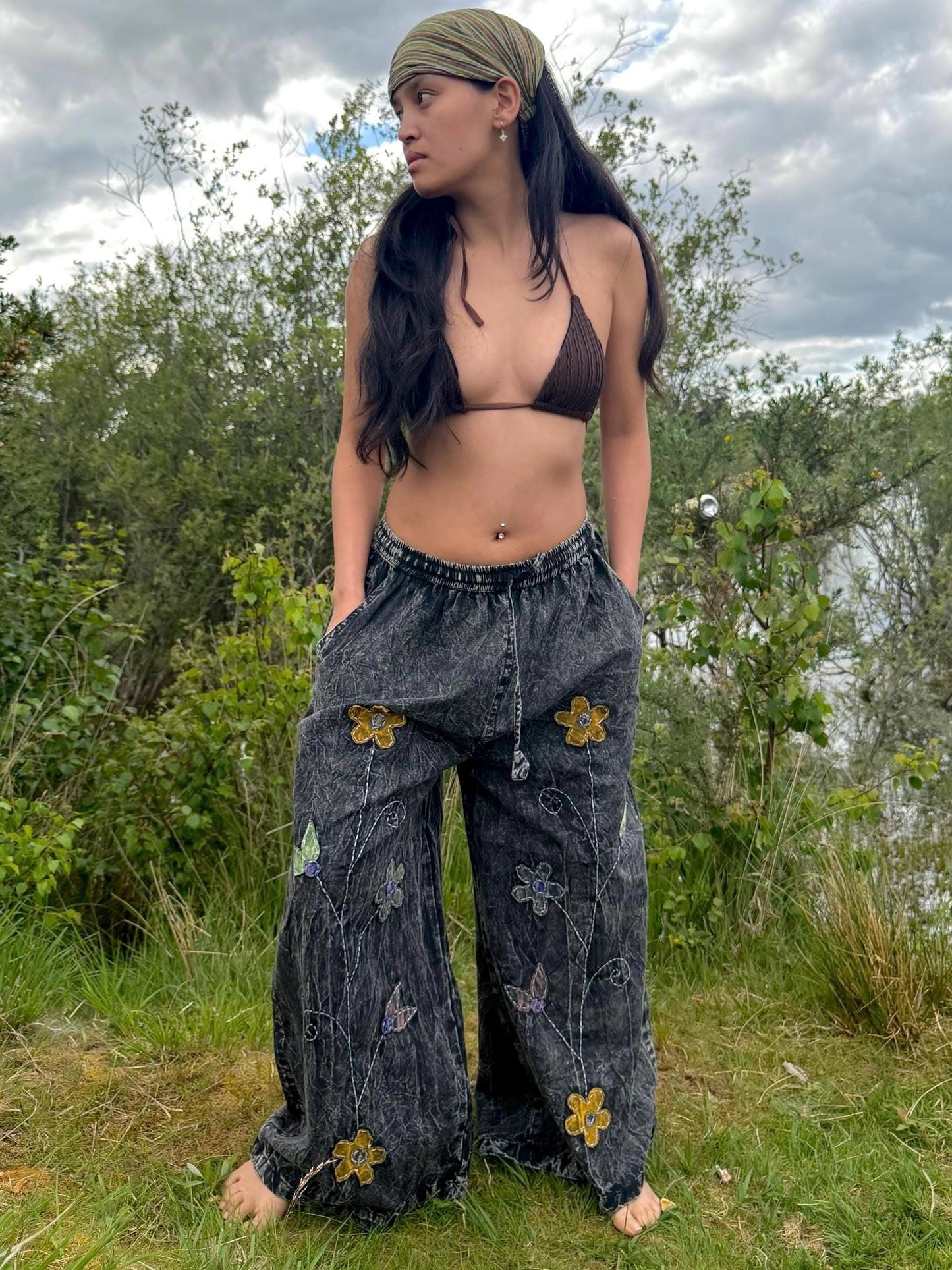Embroidered Wide Leg Trousers | Stonewash Cotton Palazzo Pants, Boho Festival Style