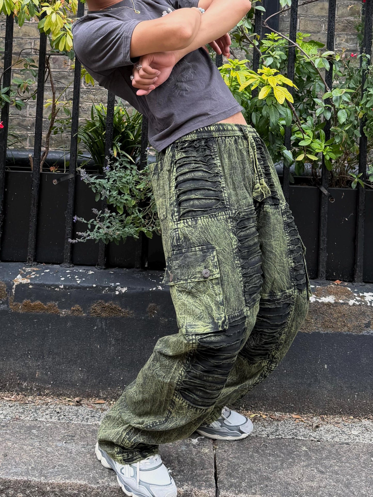 Stonewashed Patchwork Cargo Trousers | Wide Leg Festival Pants, Gothic Grunge Style