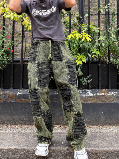 Stonewashed Patchwork Cargo Trousers | Wide Leg Festival Pants, Gothic Grunge Style