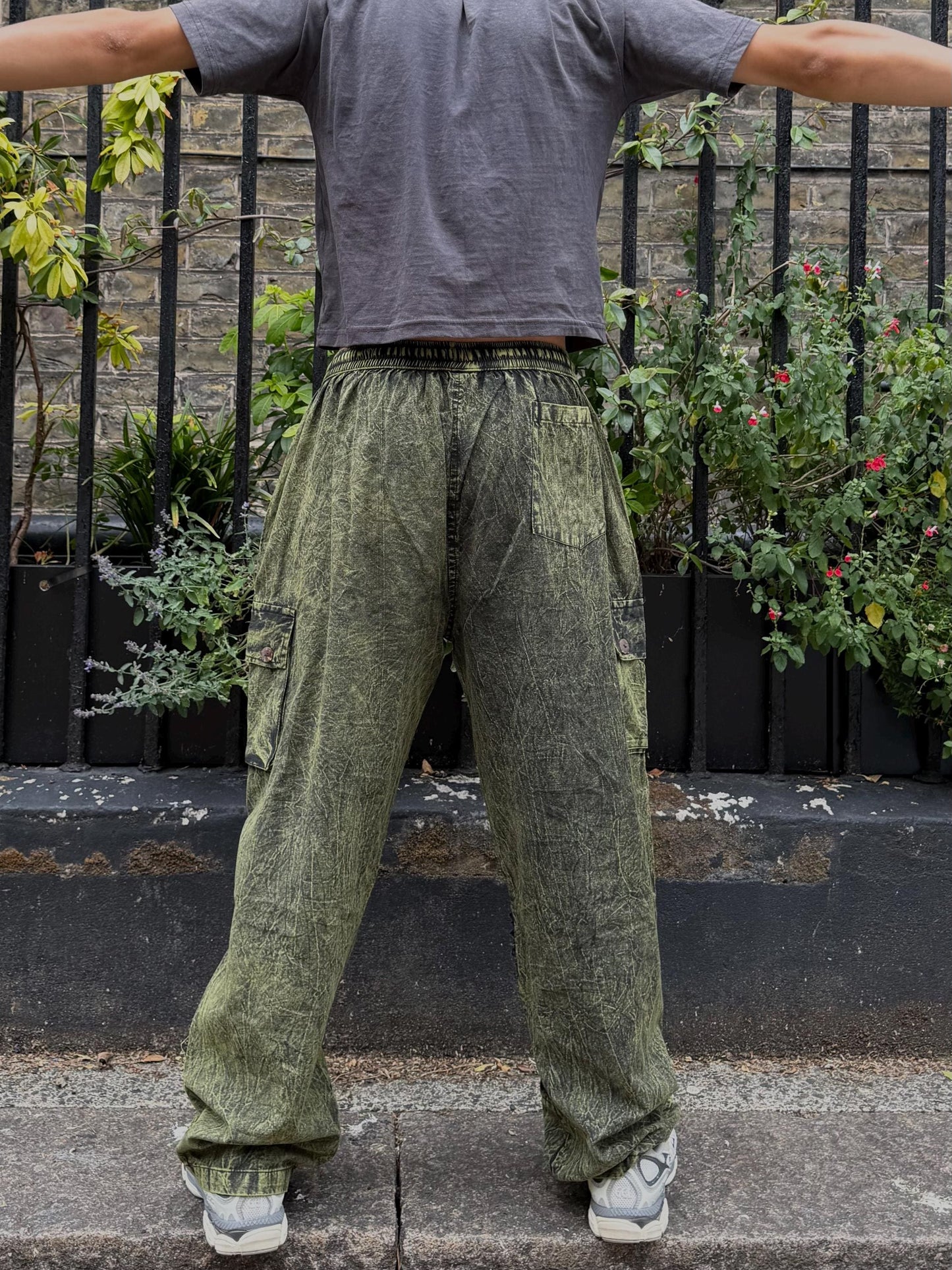 Stonewashed Patchwork Cargo Trousers | Wide Leg Festival Pants, Gothic Grunge Style