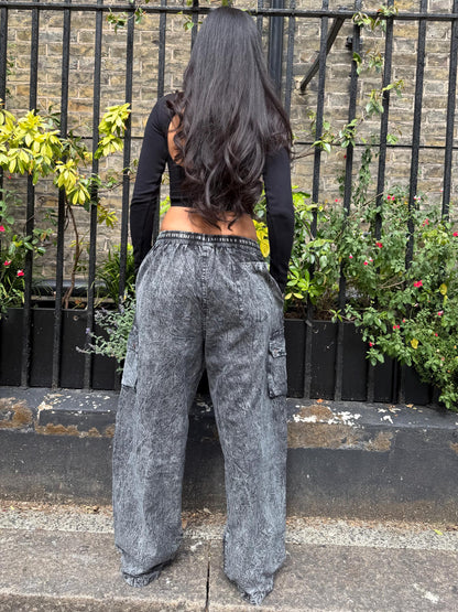 Stonewashed Patchwork Cargo Trousers | Wide Leg Festival Pants, Gothic Grunge Style