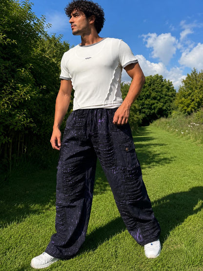 Stonewashed Patchwork Cargo Trousers | Wide Leg Festival Pants, Gothic Grunge Style