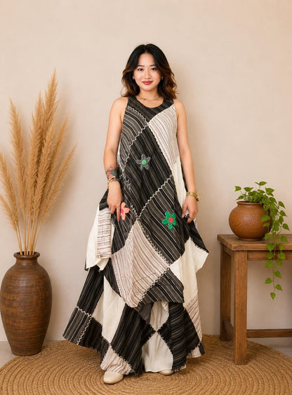Handmade Patchwork Cotton Tunic Top and Maxi Skirt Set, Boho Festival Outfit